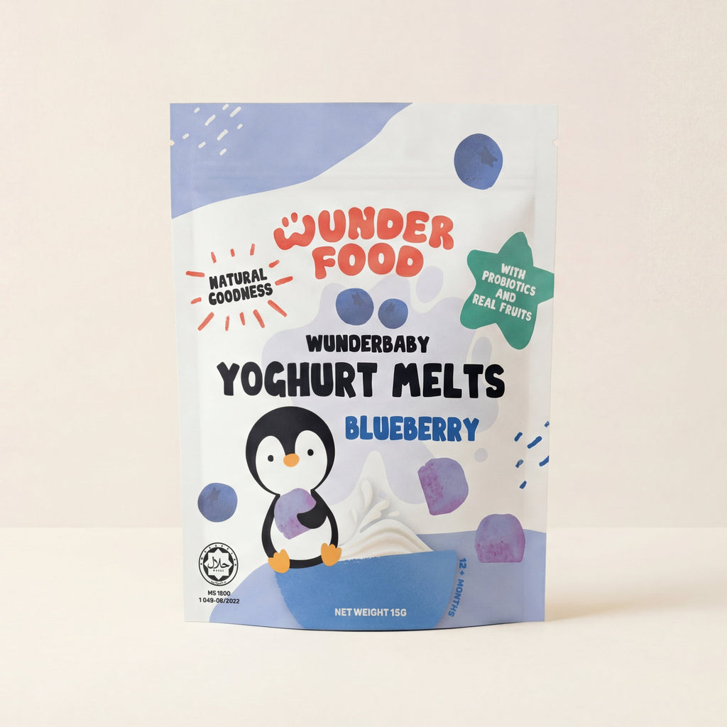 Wunderfood Yoghurt Melts Blueberry package with a penguin illustration on a light background