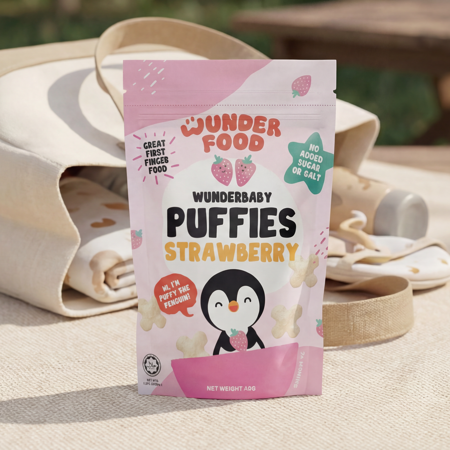Wunderbaby Strawberry puffed rice package on a floor mat in a park